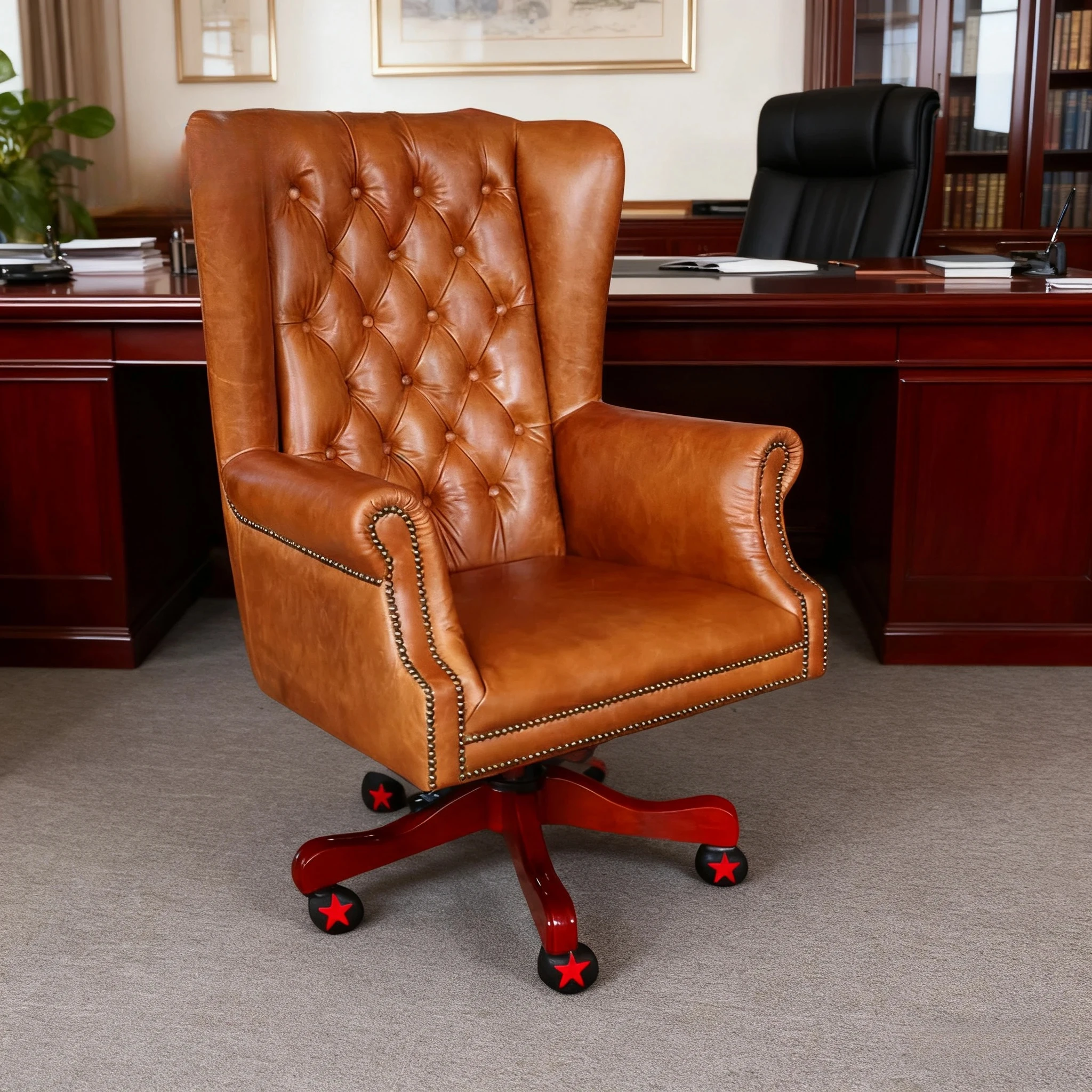 Wood Leather Office Chair for American Furniture Retro Vintage Brown Genuine Leather Executive Chair with Wooden Base