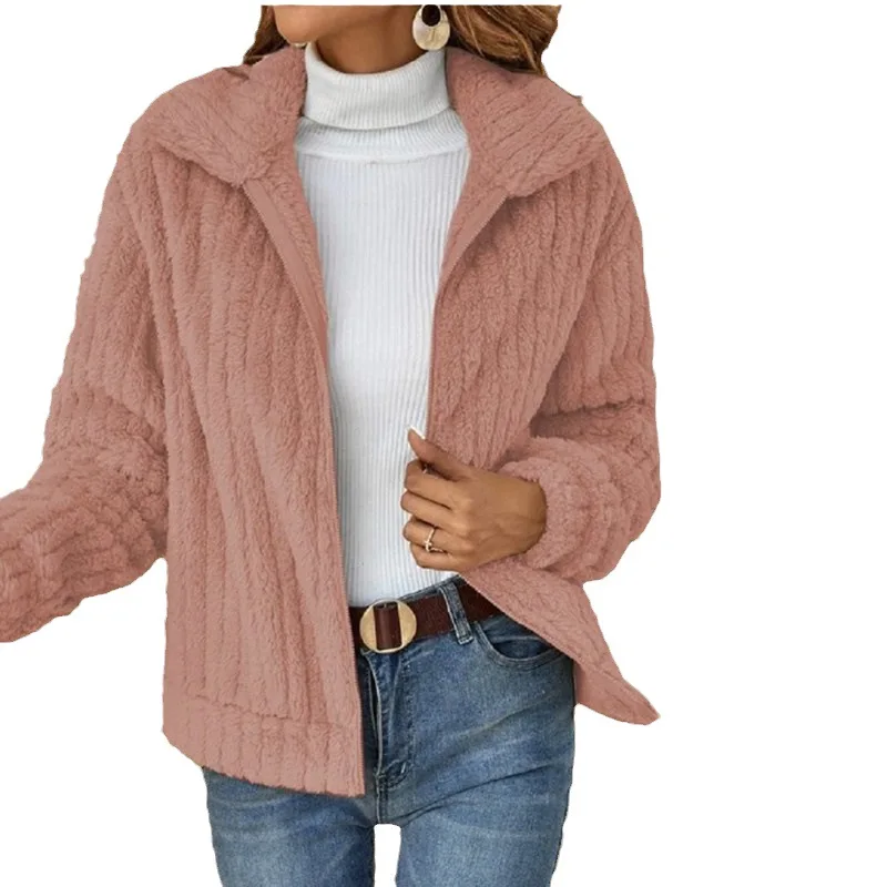 Moda feminina 2026 outono inverno novo cardigan peludo com nervuras gola virada para baixo casaco curto