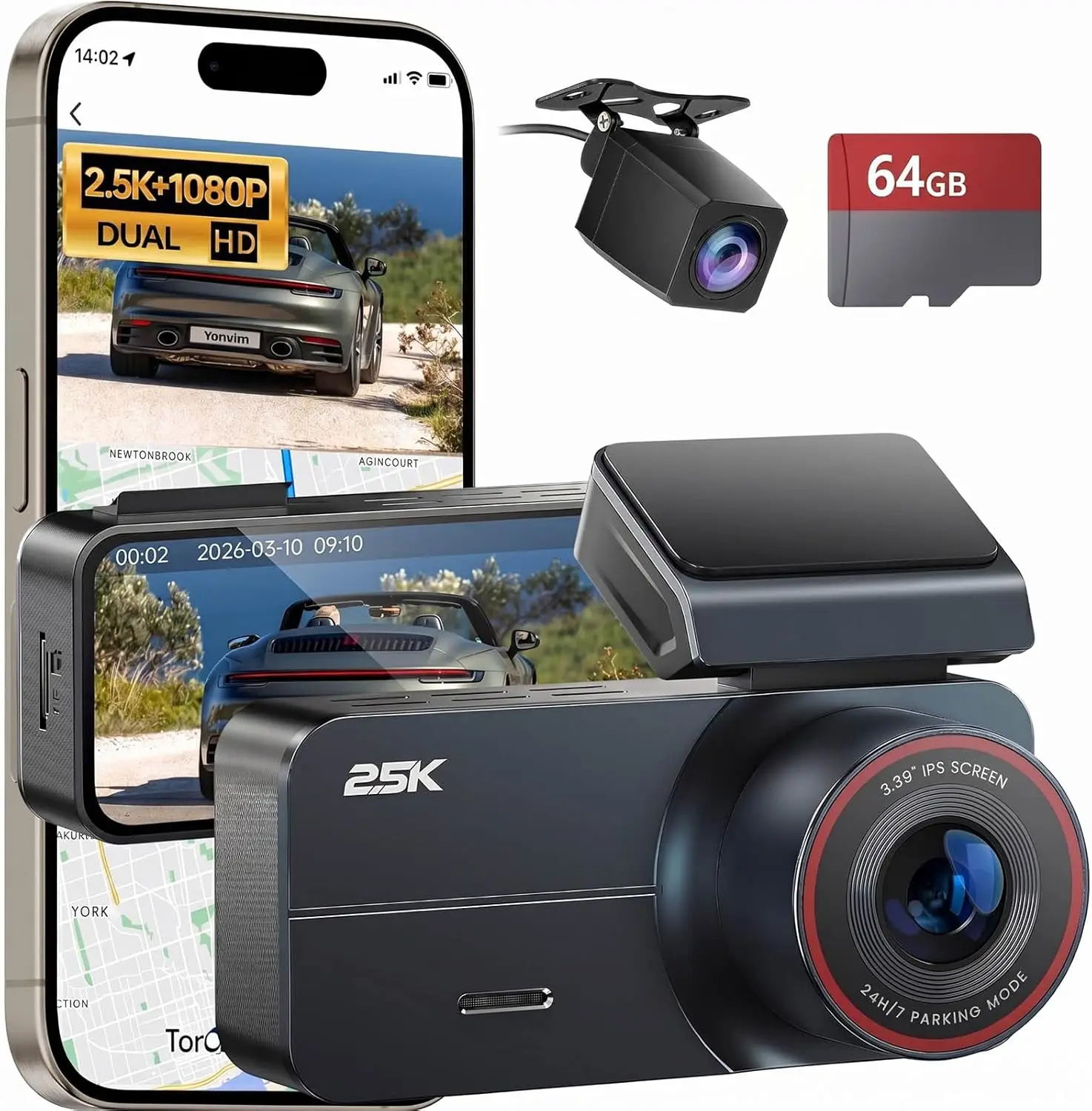 

Dash Cam Front and Rear 2.5K with WiFi GPS, 3.39" IPS Screen, WDR Night Vision, Parking Monitor & G-Sensor for Enhanced Driving