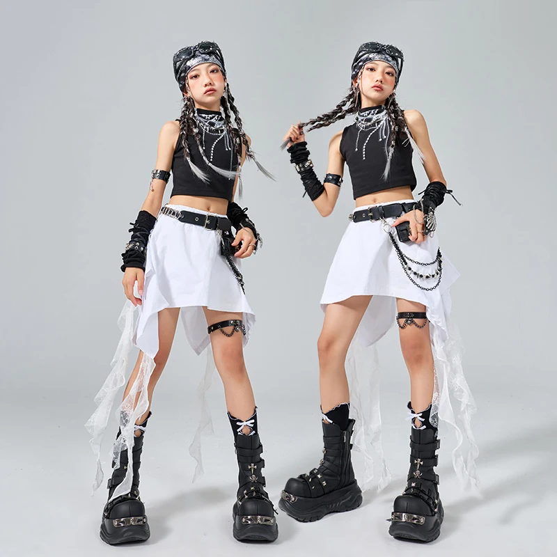 Ropa de baile de porristas para niñas, trajes de baile de Jazz a la moda para niños, Tops negros, falda blanca, ropa de calle sin mangas, traje de verano BL16736