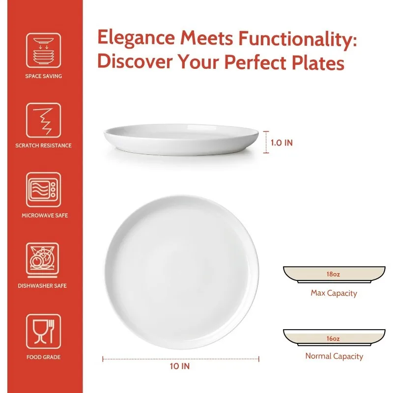 Porcelain White Dinner Plates Set of 6, 10 Inch Salad Serving Modern Round Dishes - Dishwasher, Microwave,