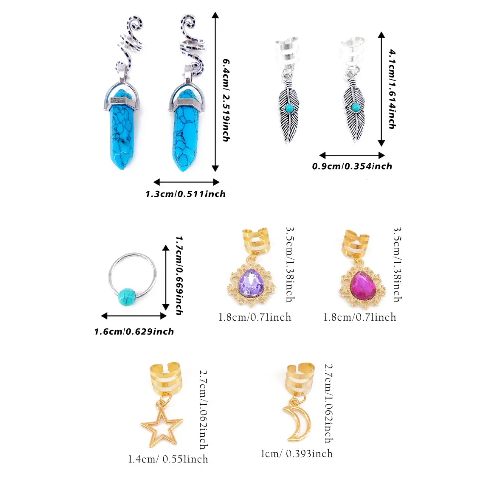 10 قطعة نجمة القمر الجوف خارج الشعر الدائري الرهبة أقفال مقاطع الكفة المعدنية المجدل الخرز متعدد نمط الضفائر القذرة الشعر جديلة أنابيب