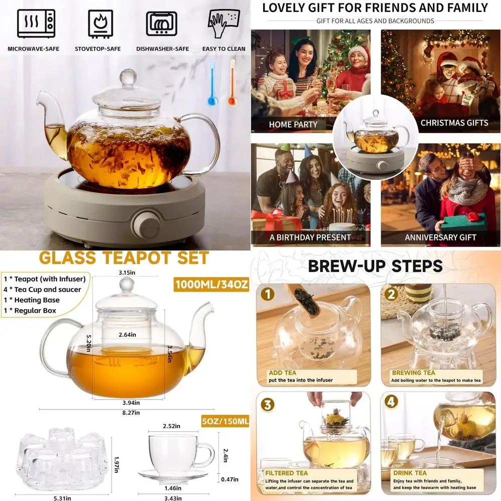 Tetera de Vidrio de 1000 ml con Infusión de Hojas Sueltas, Juego de Té de 4 Piezas, Apta para Estufa y Microondas, Ideal para Tés Florales