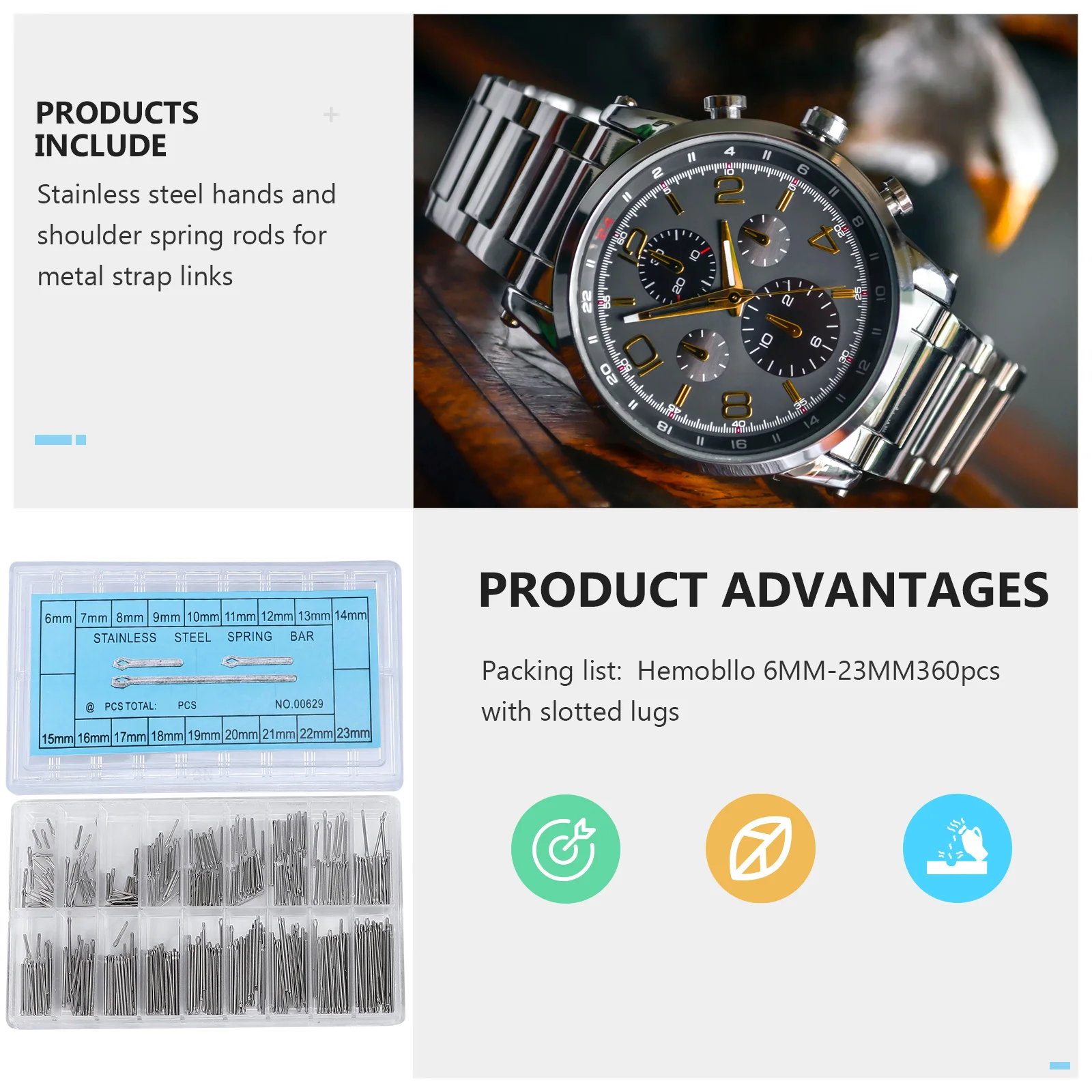 

360Pcs Stainless Steel Watch Band Link Cotter Spring Bars Tool 18 Sizes 6-23mm Metal Band Pin Remover Watch Pin Spring Bar