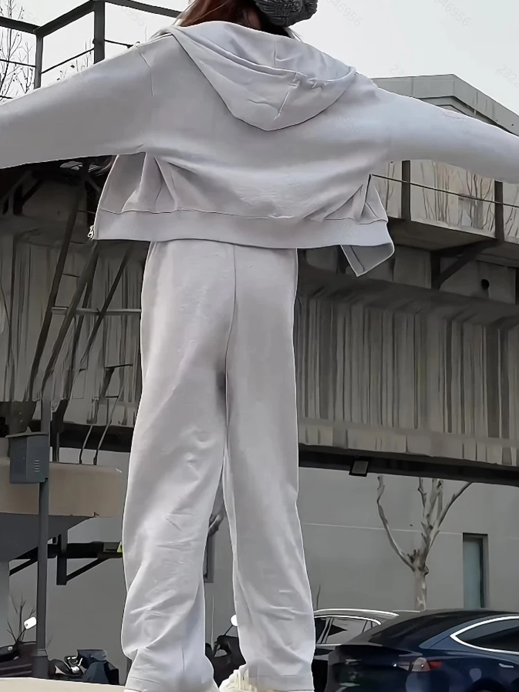 ชุดเสื้อสเวตเชิ้ตแขนยาวมีซิปสำหรับผู้หญิง ฤดูใบไม้ผลิและฤดูใบไม้ร่วง รุ่นใหม่ ทรงสลิม สไตล์เกาหลี หลวม ใส่ได้หลากหลาย ชุดสองชิ้น