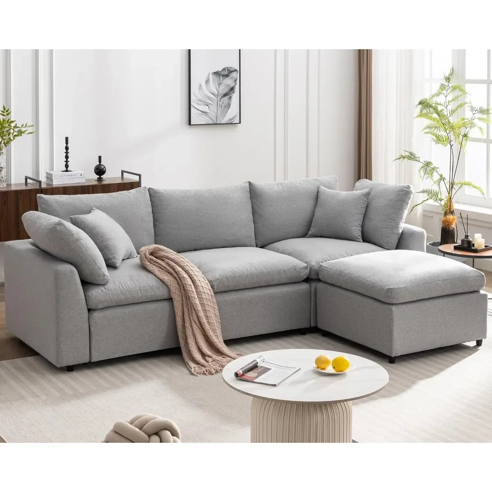 Down Filled Convertible Modular Sectional Sofa, Modern Modular 3-Seat L-Shape Sofa Couch with Convertible Ottoman