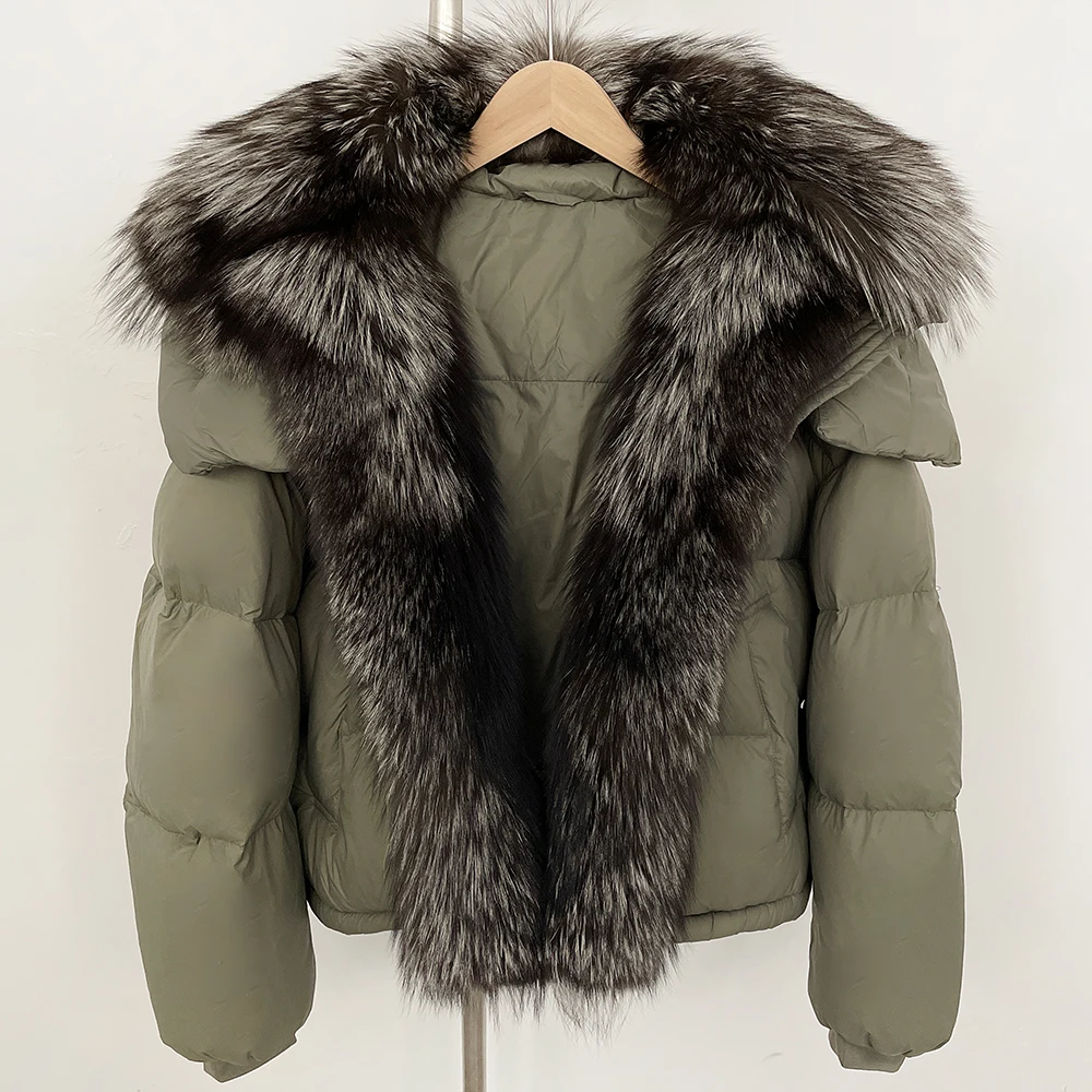New Big Real Raccoon Fox Fur Collar Puffer Jacket Women New Autumn Winter Clothing Female Fashion Short White Duck Down Coat