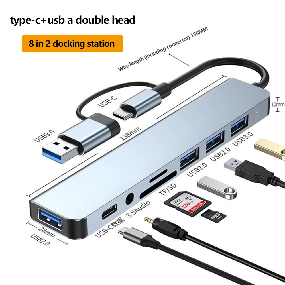 

8 in 2 dual-head USB+type-c HUB docking station with 3.5MM audio jack TF, SD card suitable for laptops, tablets, mobile phones