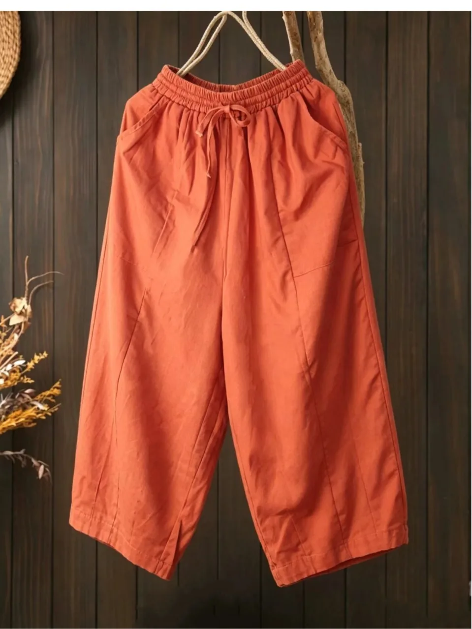 

Womens Washed Linen Feel Seven Inch Pants Summer 2026 Loose Elastic Waist Belted Slim Wide Leg Casual Trousers