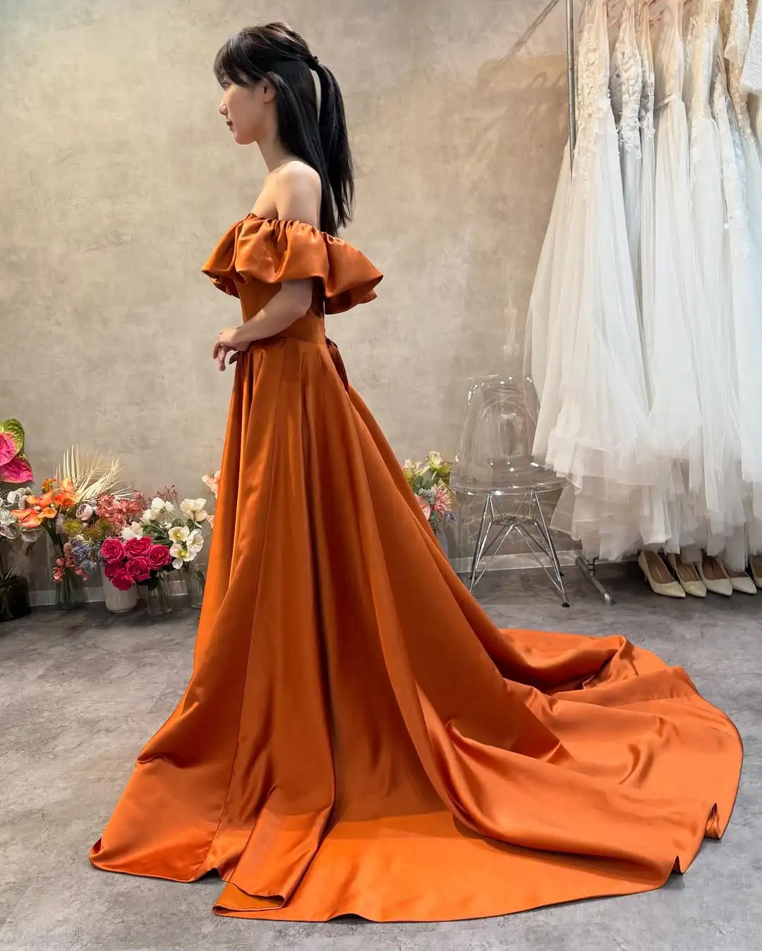 Giyu Elegant Orange Korea Wedding Dress PhotoShoot A-line Off Shoulder Floor-Length Evening Gown Dress Birthday Party Dress 2025