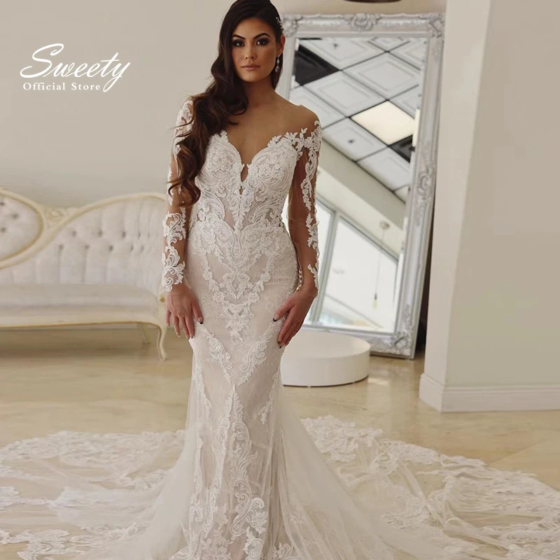 

Luxury Wedding Dress Embroidered Lace On Net With Slim-Line Train O-Neck Fullsleeve Bridal Gown Customized Button Robes De Marié