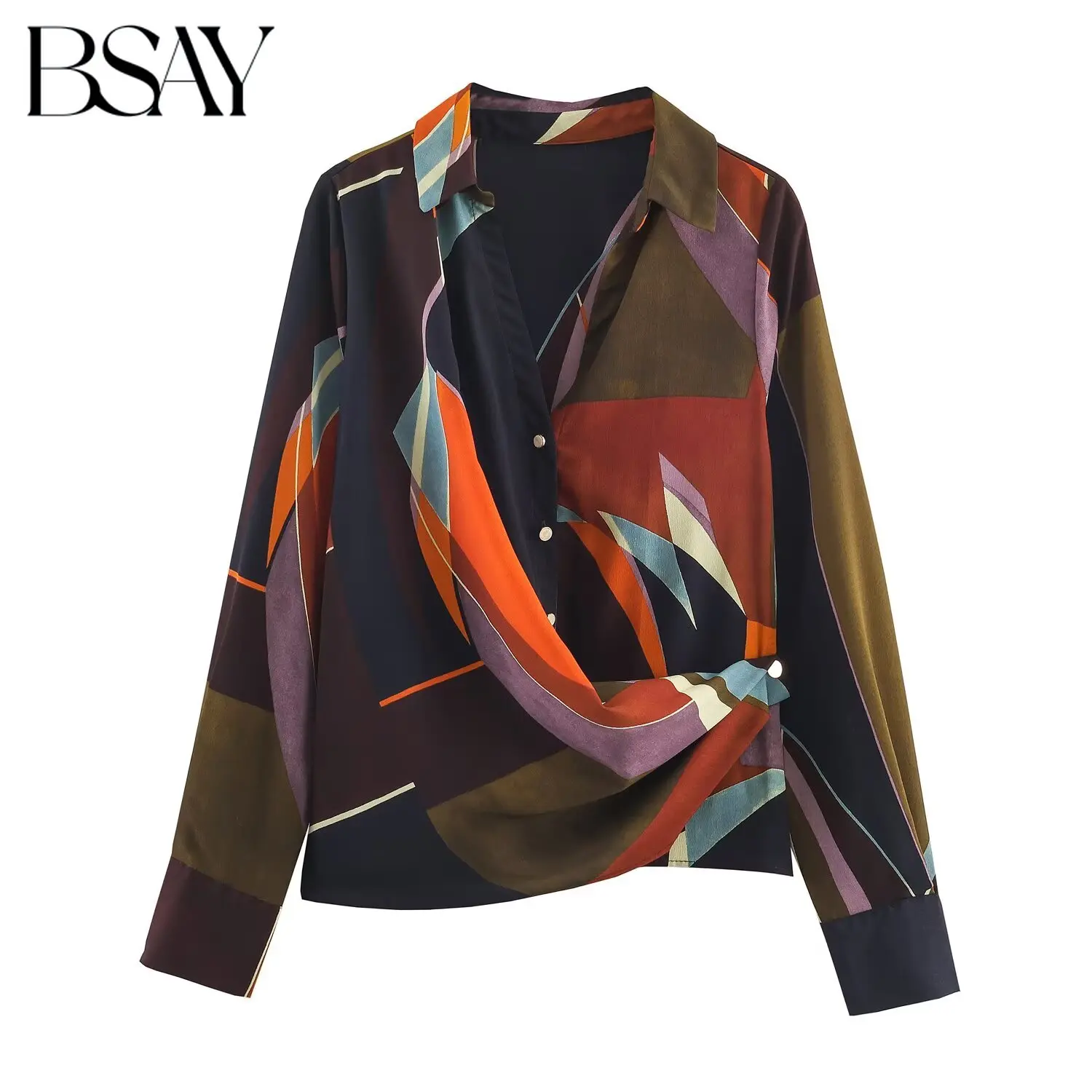 

BSAY Shirt for Women Fashion Autumn Winter Printed Long Sleeves Single Breasted Lapel Street Clothing Blouse Chic Ladies Top