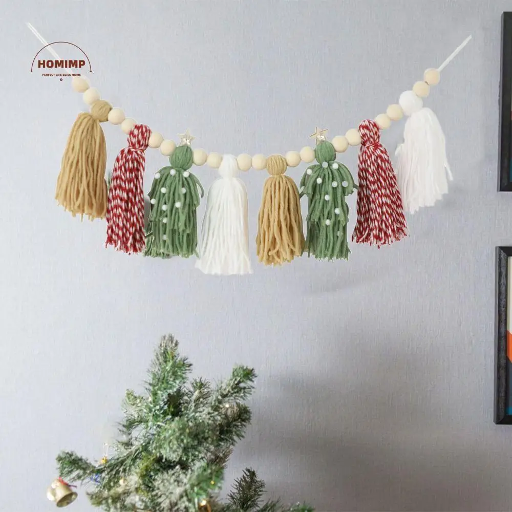 

New Year Boho Style Christmas Tassel Ornaments Wooden Beads Navidad Hanging Pendant Colorful Tassel Banner Home Decor
