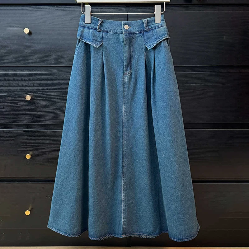 Gonne di jeans stile coreano retrò Donna Primavera Estate Elastico a vita alta A-line di media lunghezza Blu Gonne di jeans allentate semplici