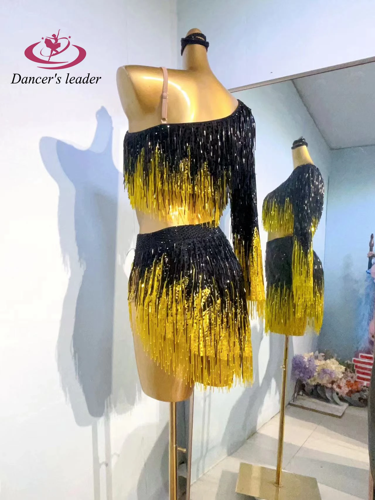 Vestido de strass para dança latina feminino, preto e amarelo, tubo de talão de cor dupla, vestuário de samba americano, personalizado