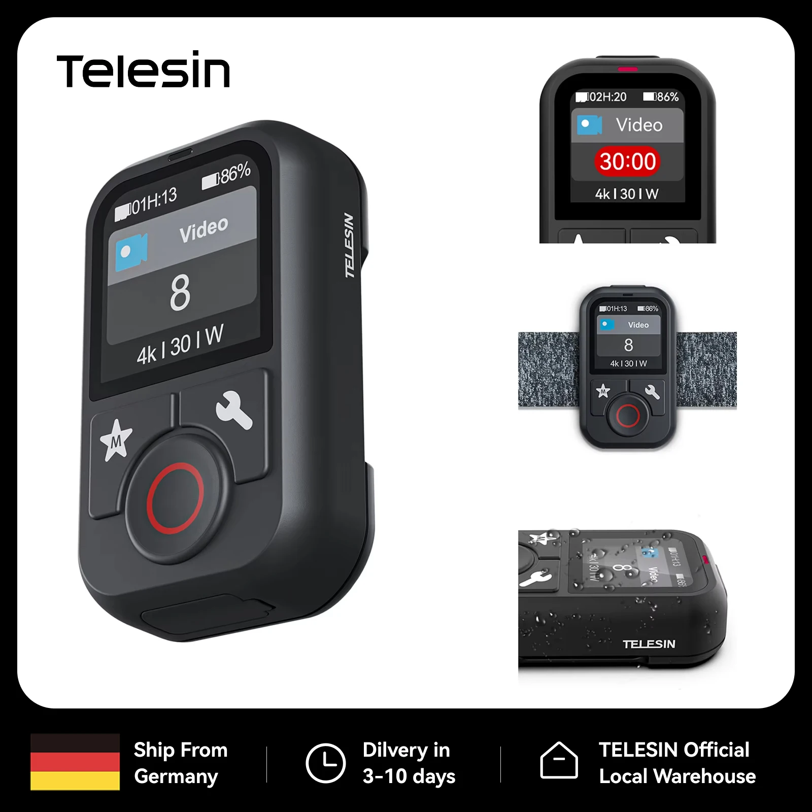 Control Remoto Inalámbrico Bluetooth TELESIN a Prueba de Agua para Go Pro 13 12 11 10 9 8 Black Max Mini con Correa de Muñeca para Cámara de Acción