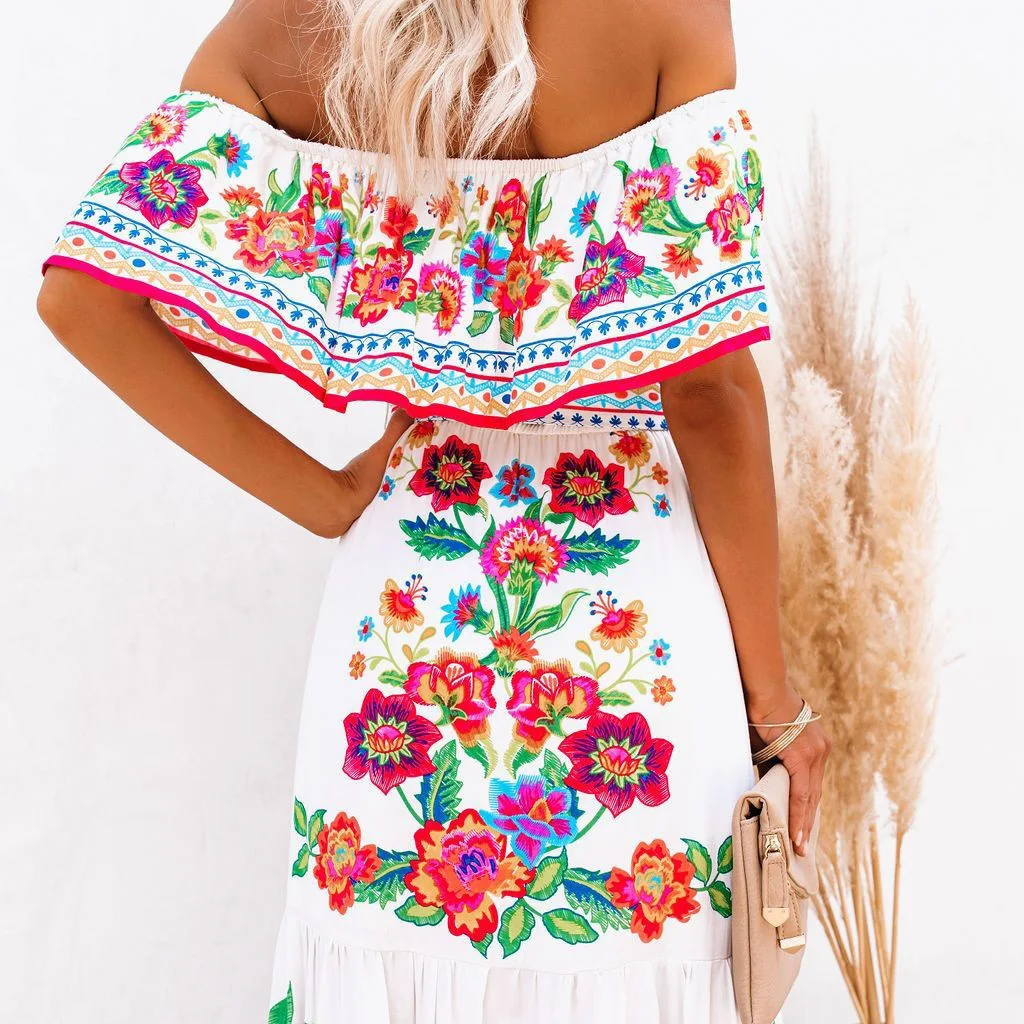 Women's New Summer Off Shoulder Long Boho Floral Pattern Print Swing Dress Beach A-Line Ruffles Trim Vacation Dress