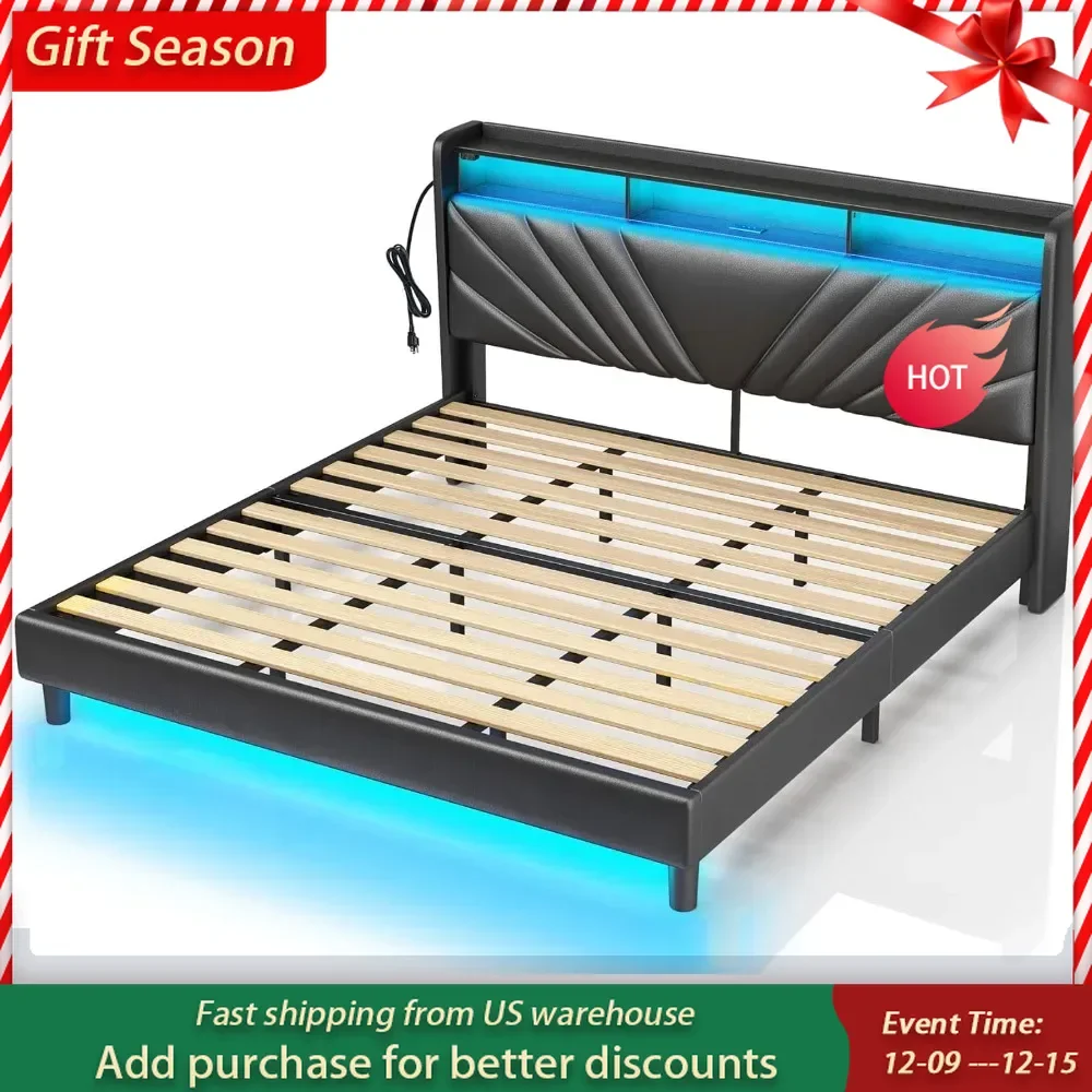 King Size Bed Frame, Storage Headboard with Charging Station and LED Lights, Upholstered Bed with Heavy Duty Wood Slats