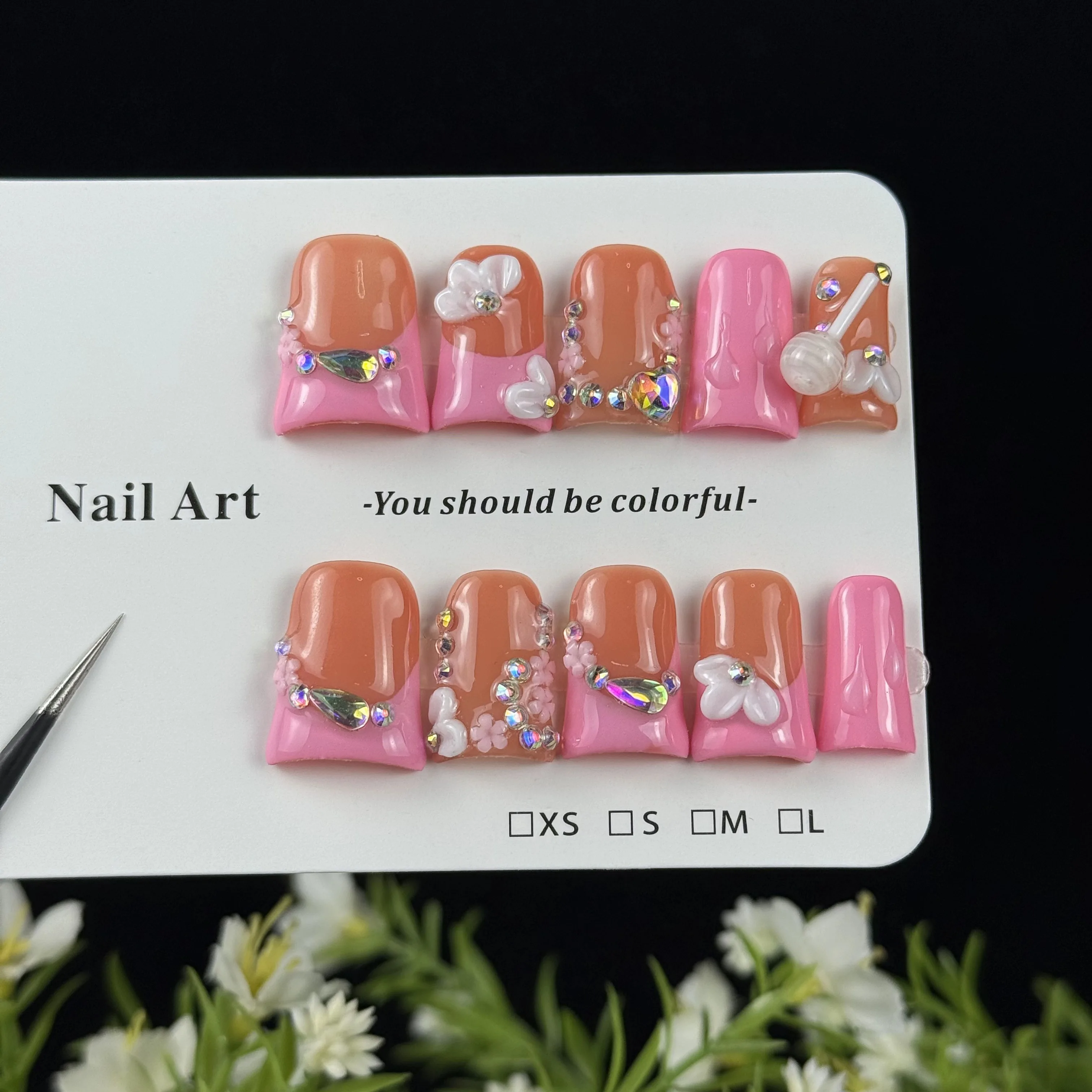 10 pièces haut de gamme style doux et épicé, peint à la main sculpté, sucette tridimensionnelle, diamant en forme de coeur, pile étincelante