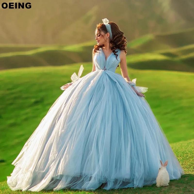 OEING Sky Blue Ldyllic Prom Dress Fairy V-Neck Tulle Tiered Evening Dresses Formal Occasion Ball Gown Vestidos De Novia