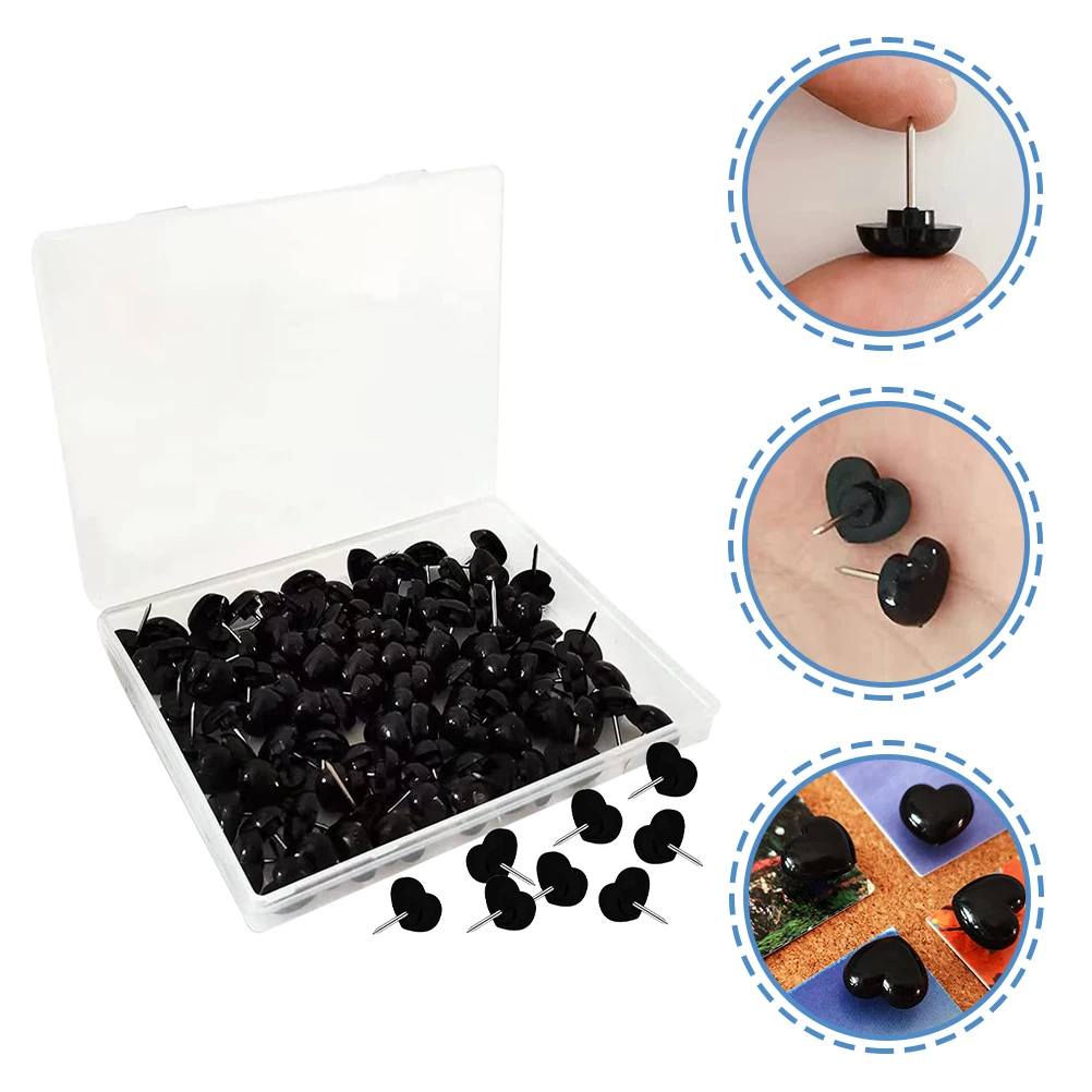 

200 Pcs Heart Shaped Thumb Tacks Delicate Map Pins for Travel Black Pushpins Multi Function Office Supplies Safe Plastic