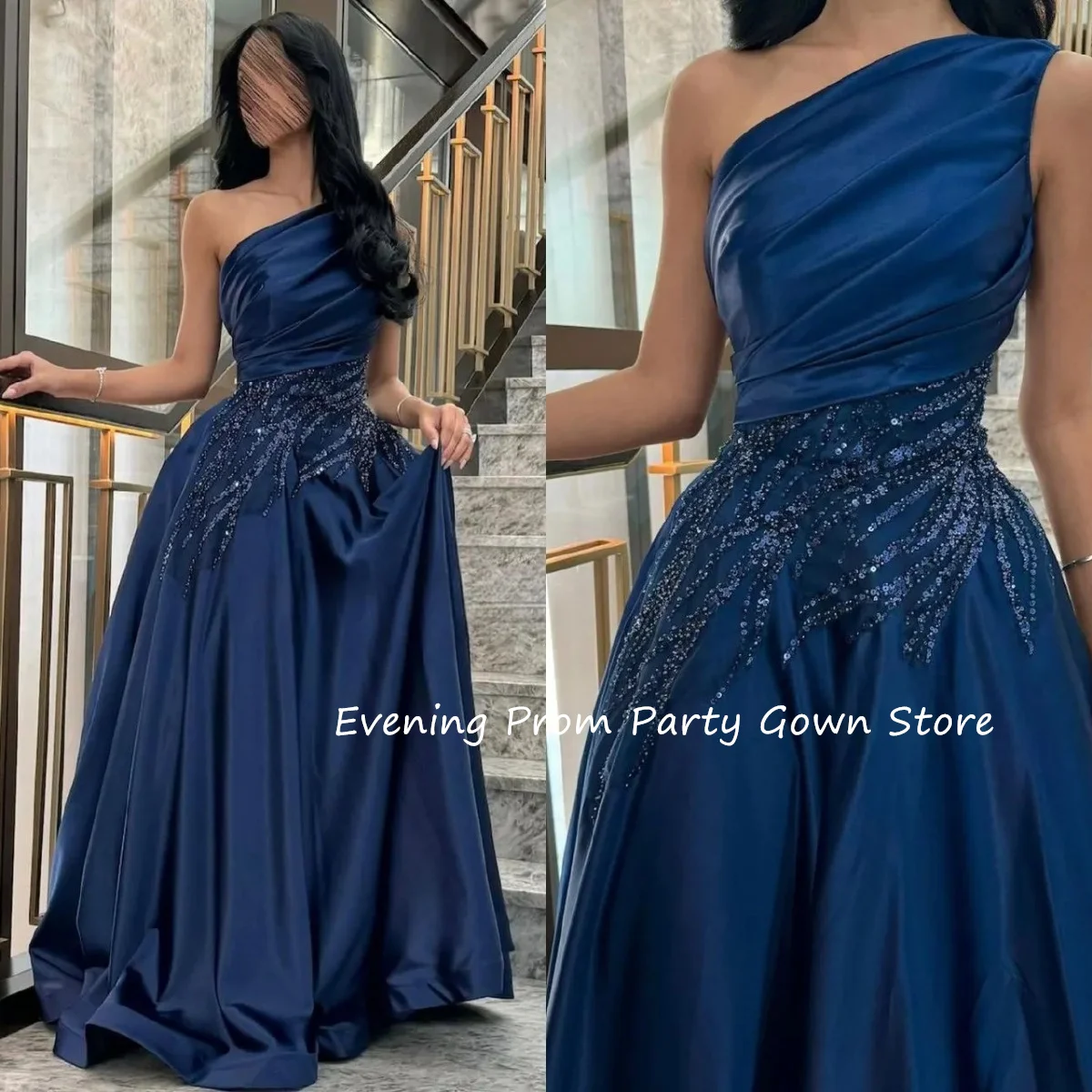 

Navy Blue Evening Dresses One Shoulder Sleeveless Party Prom Gowns vestidos de fiestas elegantes mujer فساتين للمناسبات الرسمية