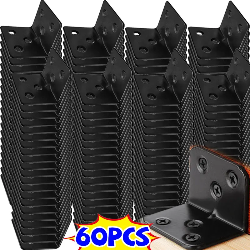 60/10PCS 90° Corner Bracket Stainless Steel Black L-Shaped Table Chair Cabinet Wardrobe Firm Reinforcement Hardware Accessories