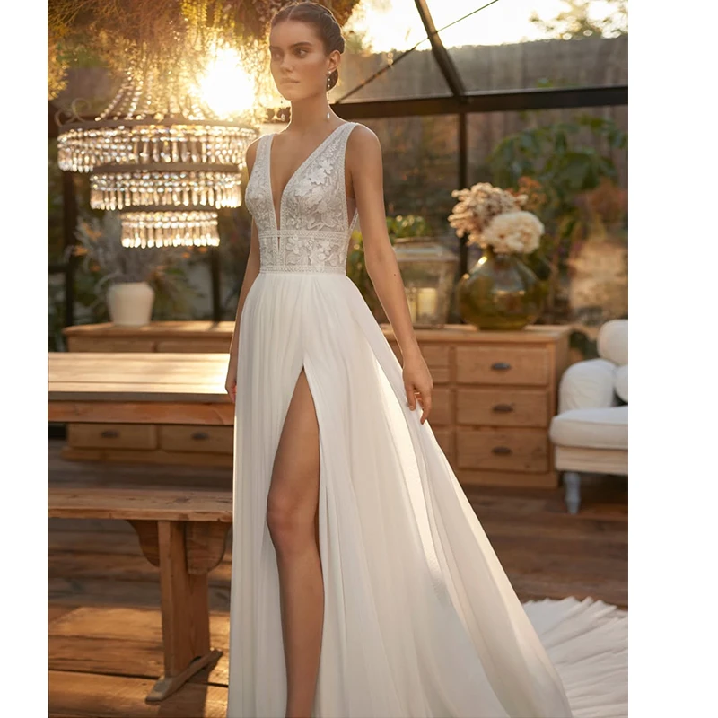 

Boho Deep Wedding Dress Chiffon With Lace A-Line Floor Length Split Ball Gown Sleeveless V-Neck Bride Customized Vestido De Novi