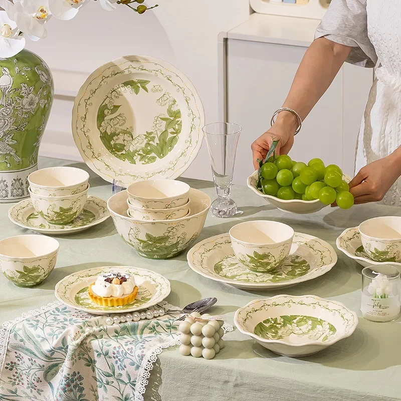 Nordic Ins Style Elegant Floral Matte Ceramic Tableware Household High-end Bowl and Plate