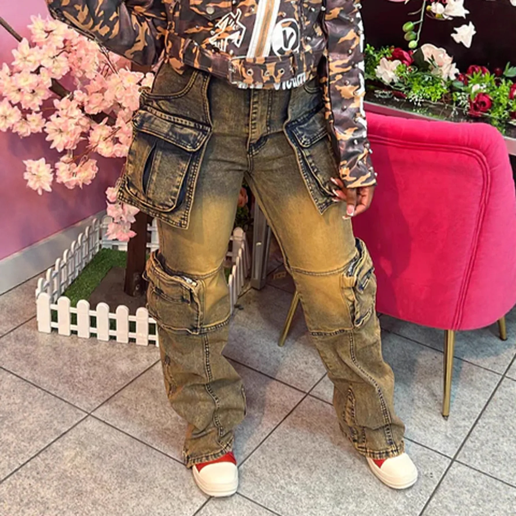 

Cargo Pants Jeans Women Multiple Pockets Straight Denims Stretch Vintage Streetwear Trousers Distressed Washed Floor Length