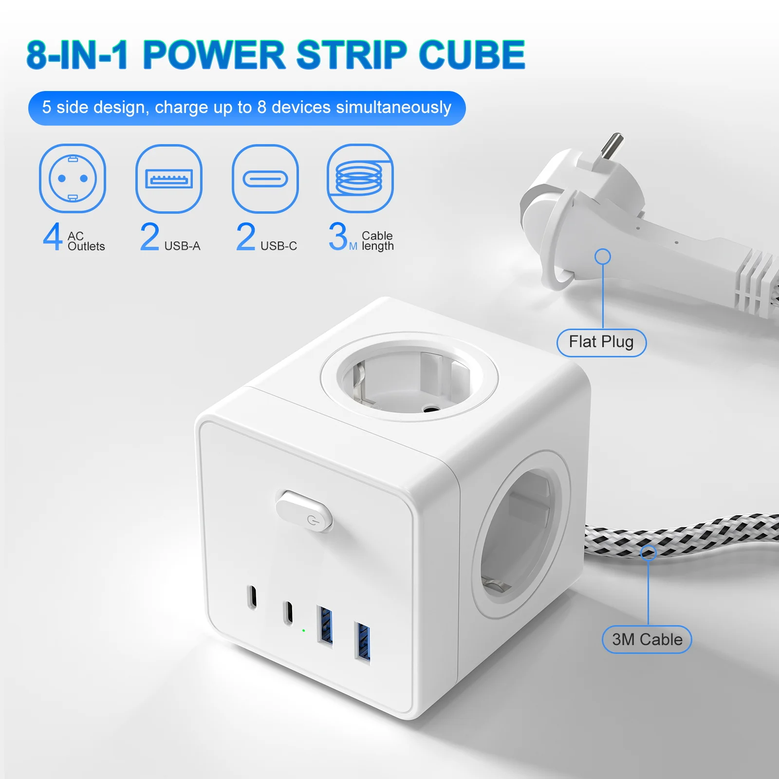 HITRENDS 8-in-1 Cube Socket, 3-meter Extension Cord, Flat Ultra-Thin Plug, 4AC + 2USB + 2USB-C 4000W, Desktop Travel Power Strip