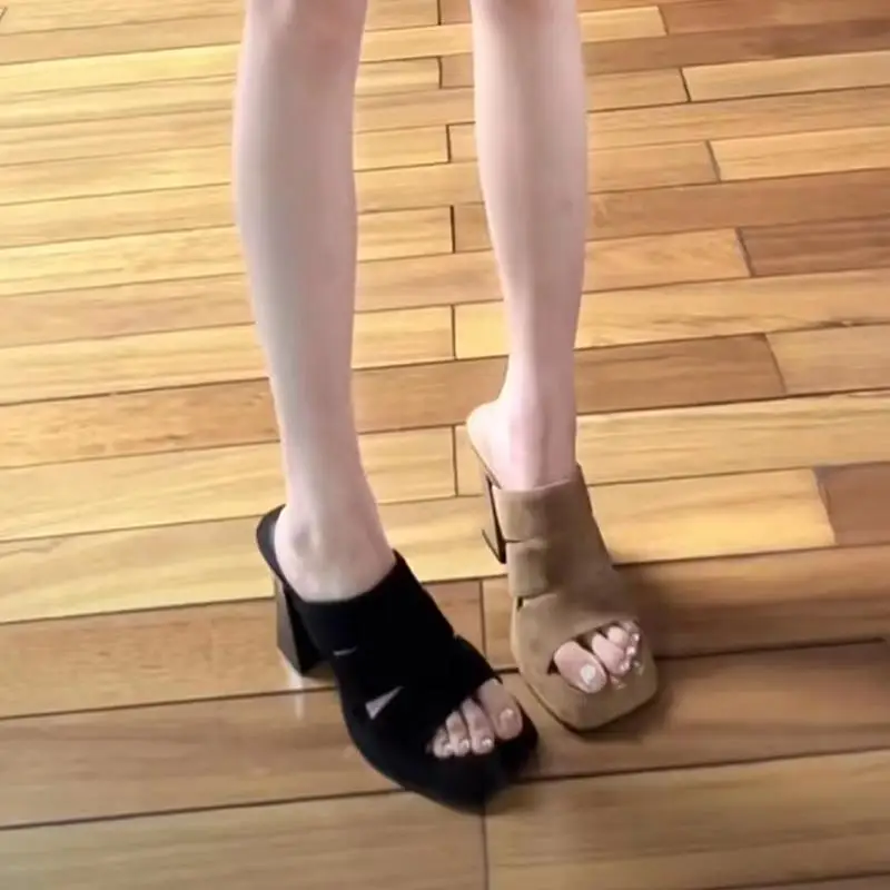 

2026 New Summer Women's Chunky Heel Platform Sandals Versatile Square Open Toe Thick Soled Mules High Heels Outdoor Daily Wear