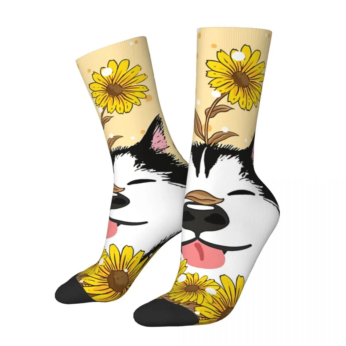 Hip Hop Vintage Siberian Husky Dog And Sunflowers Crazy Men's Socks Unisex Art Harajuku Seamless Printed Crew Sock Boys Gift