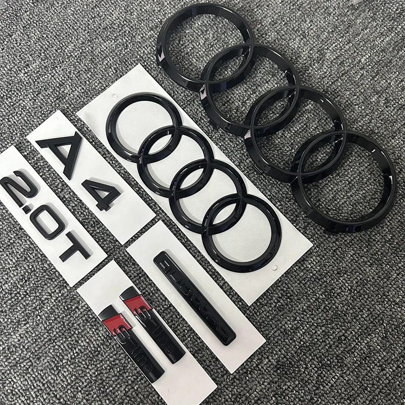 2PCS 4Ring logo ABS Black Car Hood Front Grill Rear Trunk Emblem Sticker 1P A4 1P Quarrto 1P 2.0T 2P Sline For AUDI A4 2008-2017