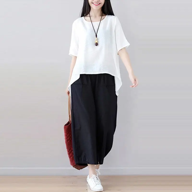 Large Size Summer New Loose Fashionable Casual T-shirt and Wide Leg Pants for Women's Belly Covering Slimming Temperament Set