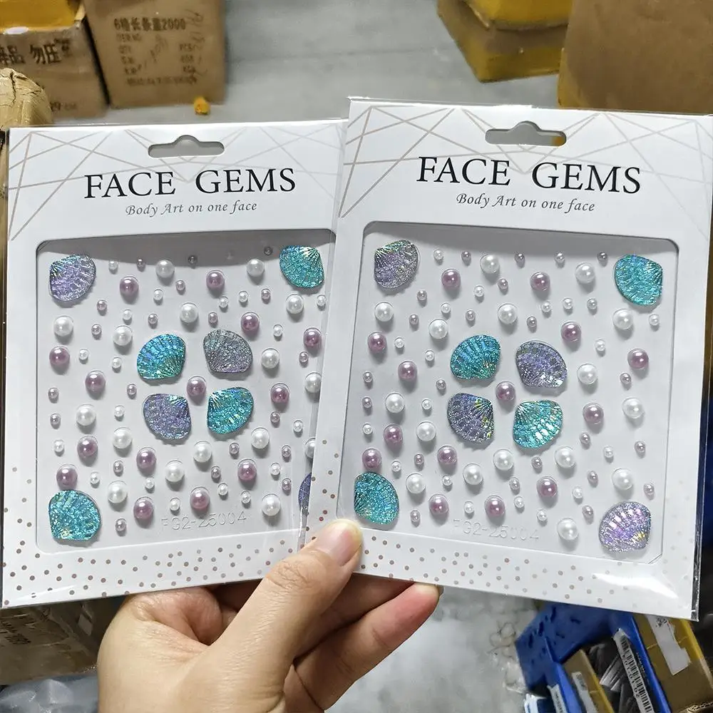 2Pcs 3D Aurora Shell Pearl Gems Face Stickers Sparkling Mermaid Temporary Tattoos Star Moon Flower Diamond Stick-on Makeup Decal
