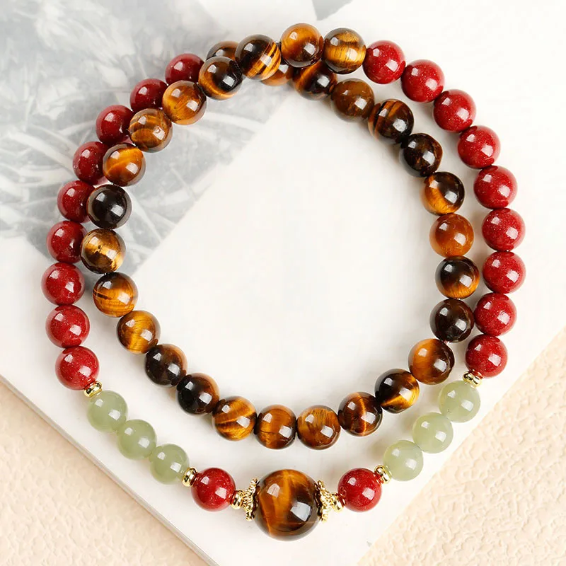 Natural Hetian Jade Tiger Eye Stone Double Loop Bracelet: Chinese Style Crystal & High-content Purple Gold Sand Jewelry Gift