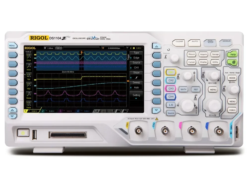 

RIGOL DS1104Z-S Plus 100 MHz Digital Oscilloscope with 4 CH and 16 Digital CH 25 MHz Bandwidth with 2 Signal Source Channels