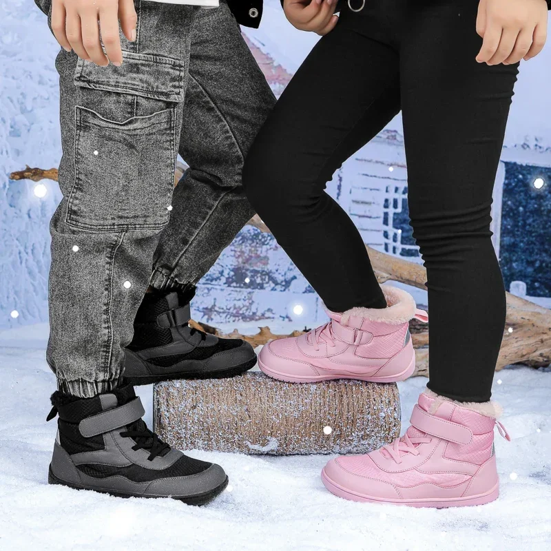 Kids Barefoot Boots Wide Toe Waterproof Winter Fur Lined Shoes for Boys Girls Cold Weather Children Outdoor Fashion Sneakers
