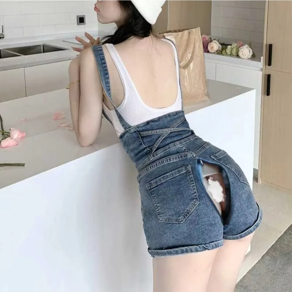 

Open Crotch Outdoor Sex Pants Women Adjustable Strap Button Shortalls Ripped Jeans Short Denim Jeans Overall Jumpsuit Rompers