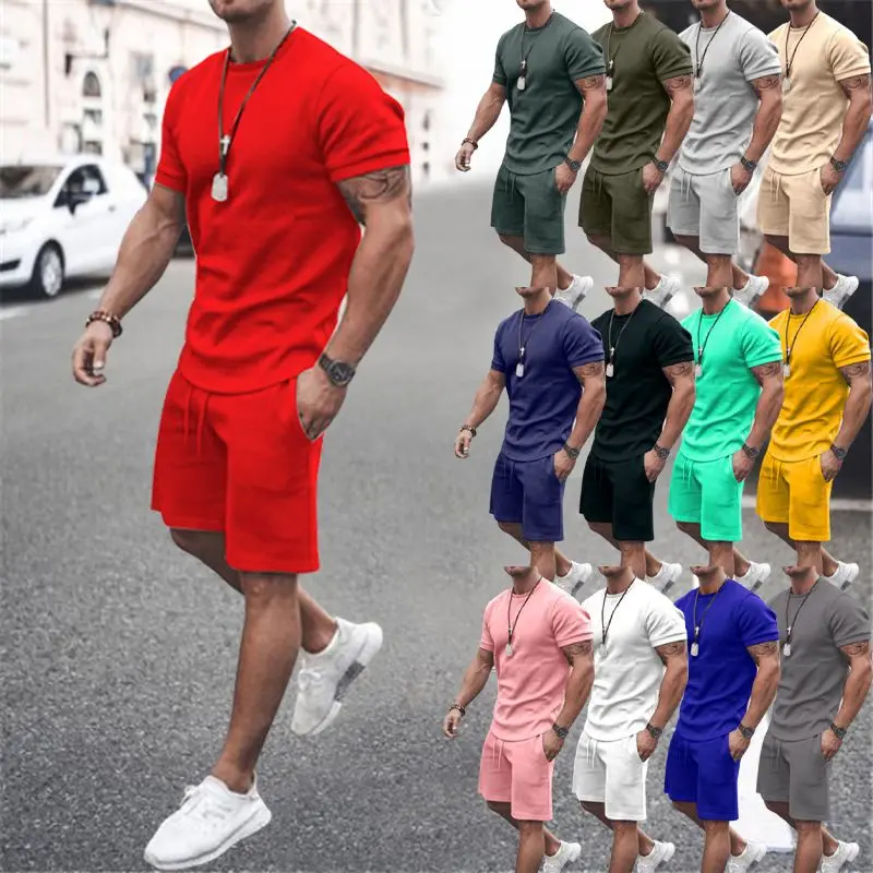 Conjunto de Camiseta y Pantalones Cortos de Verano 2026 para Hombre, de Algodón, Color Sólido, para Deportes al Aire Libre, Fitness, Transpirable, de Manga Corta, Dos Piezas