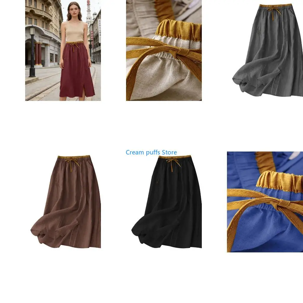 50LE Loose Cotton Linen Skirts with Elastic Waist Half Skirt Middle-Calf Length Skort For Casual Outings