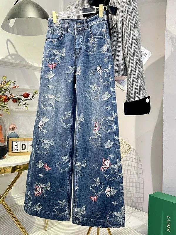 

Casual Embroidered Heavy Work Design Women's Jeans High Waist Loose Slimming Straight Leg Wide Leg Pants Daily Wear