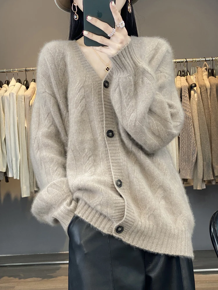 

Classic Autumn Winter Woman Cardigan Elegant Female 100% Merino Wool Sweater Thick Knitwear Lady Loose Long Sleeve Clothing Tops