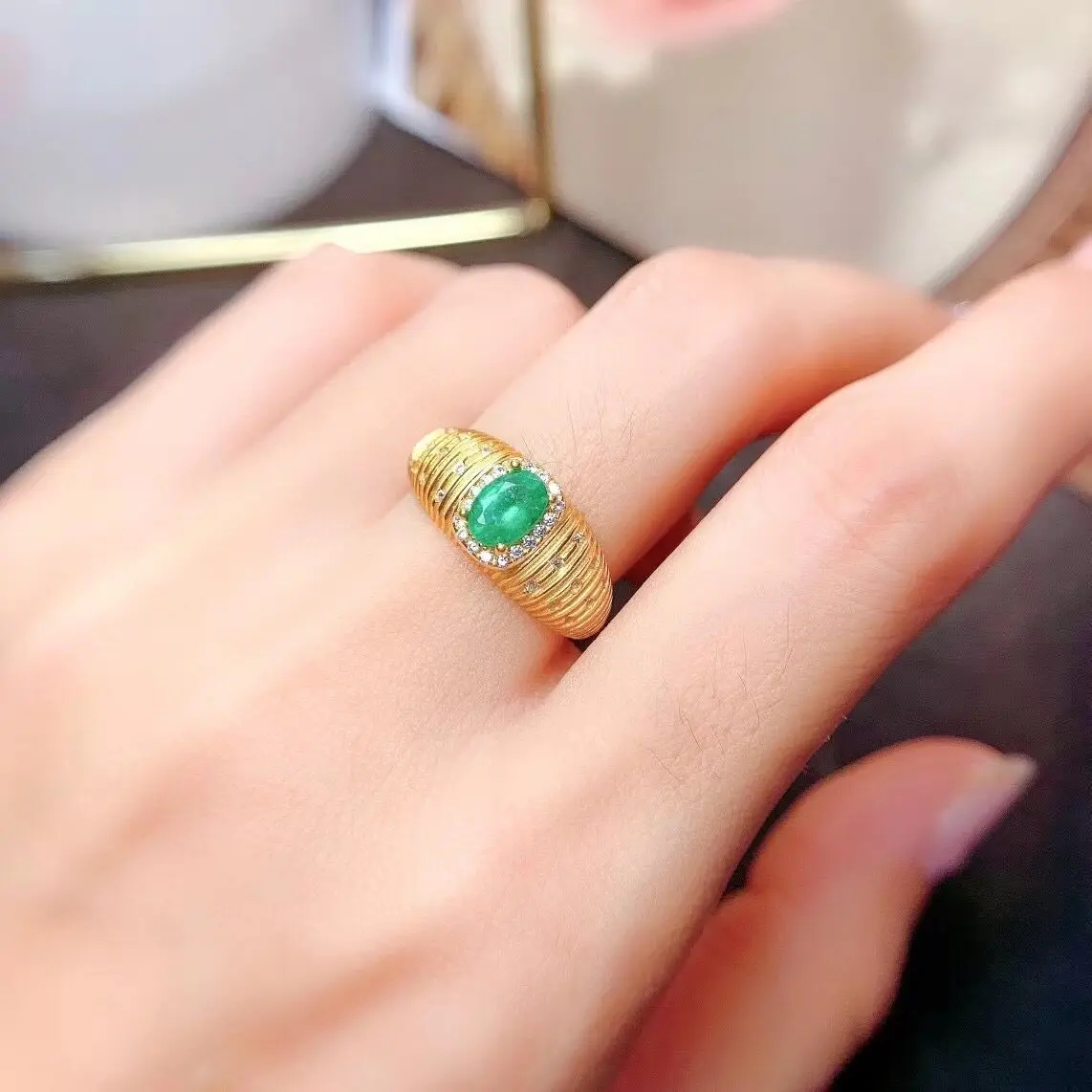 Elegant Engagement Ring for Woman 0.5 ct Natural Colombia Emerald 4mm*6mm Ring with 3 Layers 18K Gold Plating925 Silver Jewelry