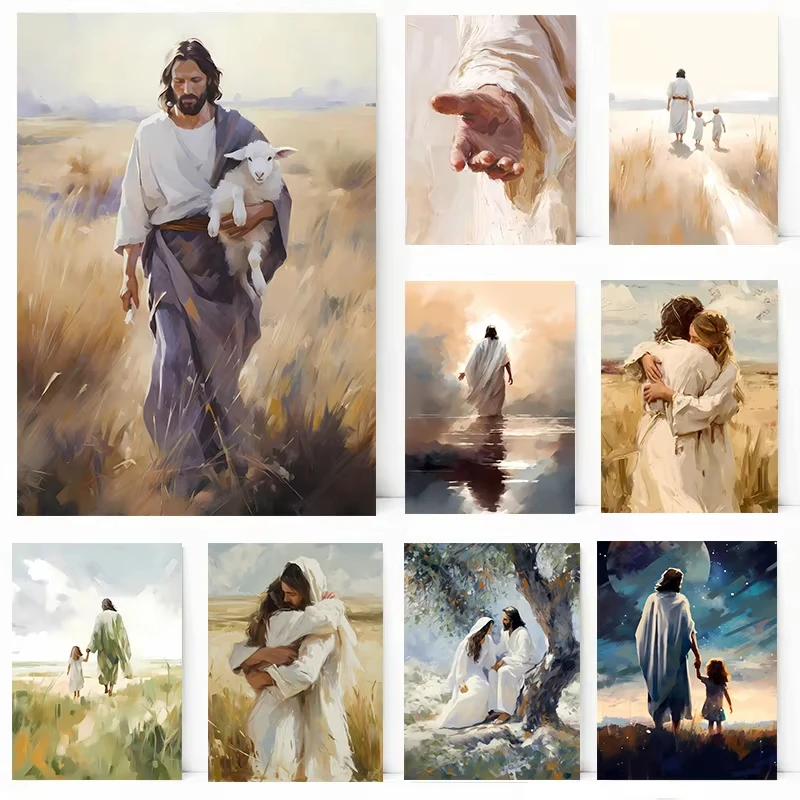 5D DIY Diamond Painting Kit Jesus and Sheep Walk Beside Me Religious Landscape Art Home Wall Decor Gift