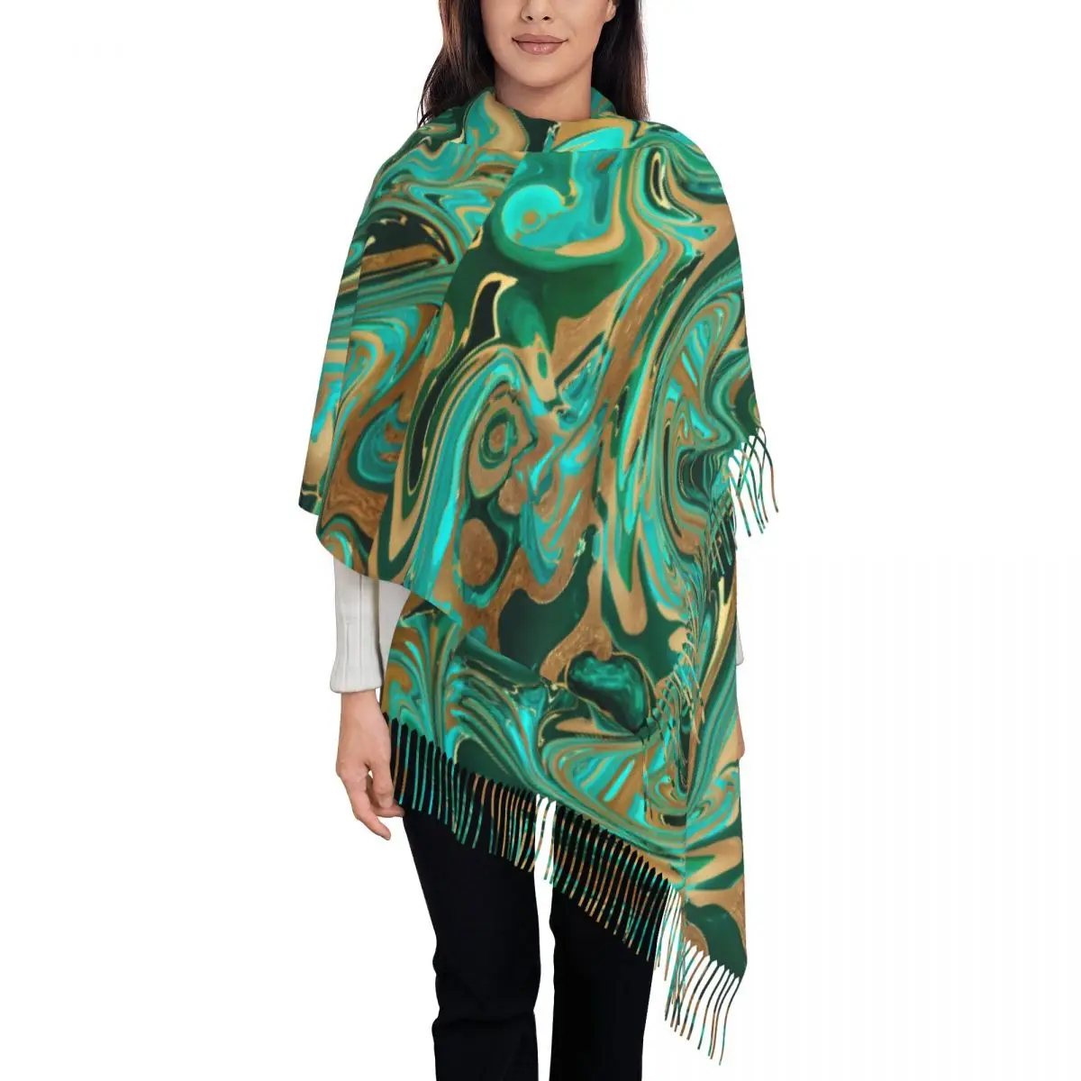 Keep Warm Scarf Winter Marble Print Shawl Wraps Green Gold Liquid Printed Foulard Ladies Luxury Brand Head Scarves