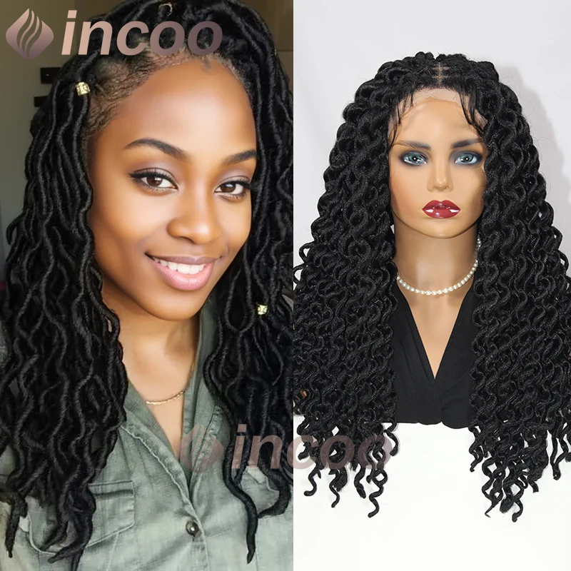 INCOO Synthetic Goddess Locs Wavy Braid Wig 22 Inch Full Lace Twist Crochet Braided Wig Pre-Looped Extension Wavy End Braids Wig