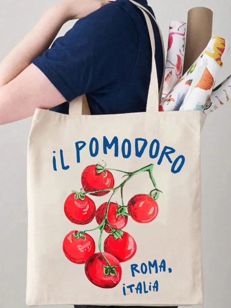

1pcs Cute Tomato Pattern Tote Bag Carrier Bag Canvas Shoulder Bag Shopper Bag Perfect For Outdoors Travel Gift