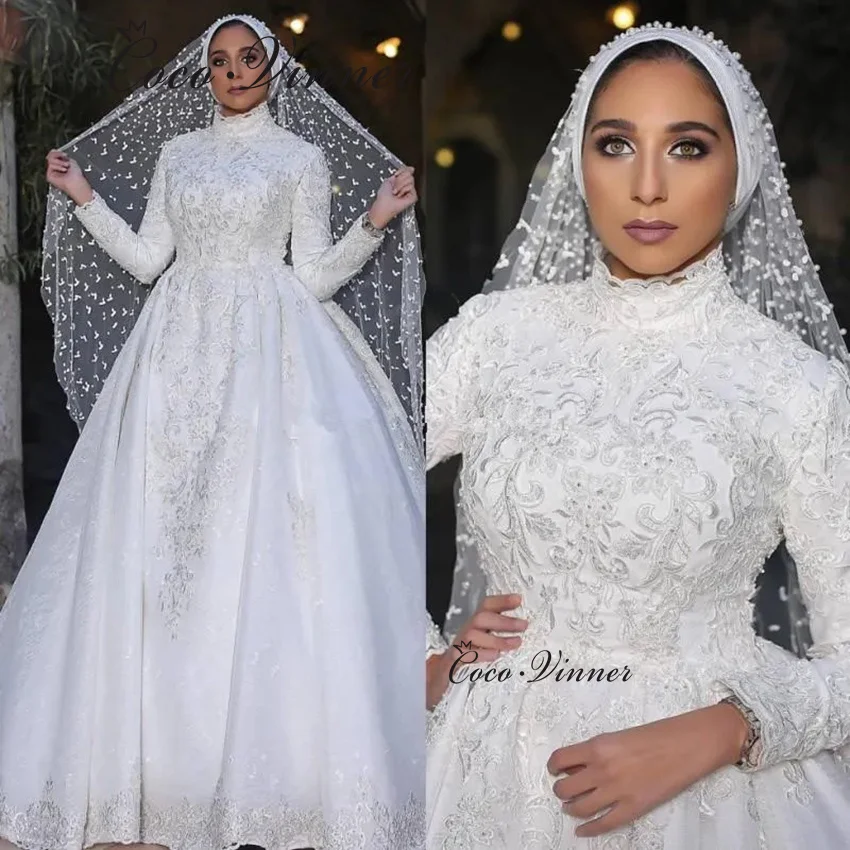 فساتين زفاف عربية إسلامية مخصصة 2025 بأكمام كاملة مع بطانة برقبة عالية ثوب زفاف دبي للنساء W1361